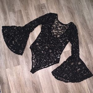 Black lace sexy bell sleeve bodysuit